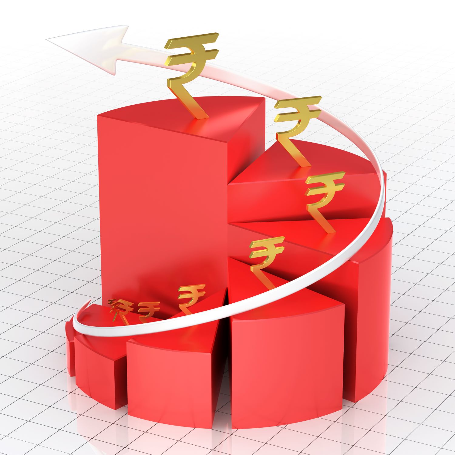 3d-render-business-pie-graph-rupee-sign-spiral-moving-up-closeup1